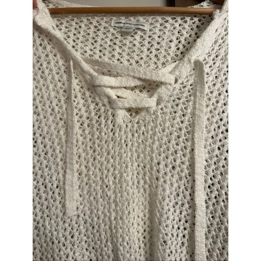 American Eagle Outfitters Off White Lace Up Mesh Pullover Hoodie Size Medium - Picture 4 of 5